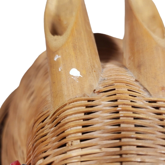 VTG Wicker Bamboo Bunny Rabbit Lidded Basket 10" Red Beady Eyes Easter Decor - Picture 3 of 8
